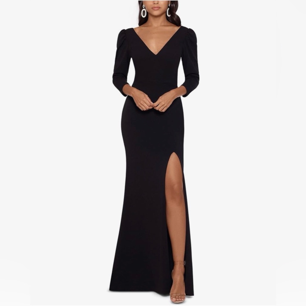 Betsy & Adam Black V-Neck Long Sleeve Maxi Dress with Thigh Slit